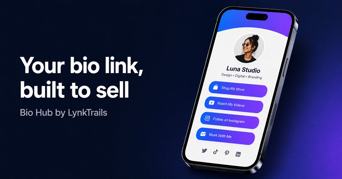 A Bio Hub page shown on a phone, with links for Shop My Store, Watch My Videos, Follow on Instagram, and Work With Me